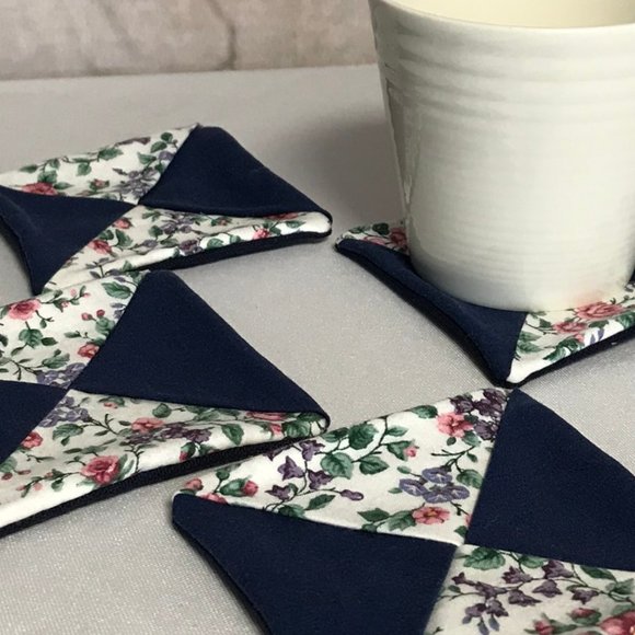 Handmade Fabric Coasters Set of 4 blue white - Picture 1 of 5